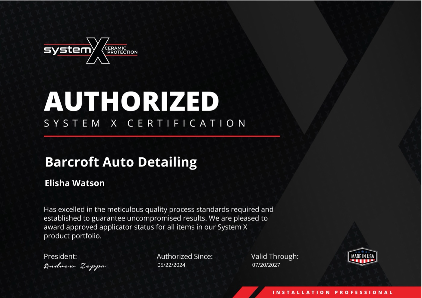 Barcroft Auto Detailing — Authorized System X Certification certificate